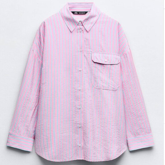 Zara Tops - Zara Women's Button Up Shirt Size Medium Pink Blue Chest Pocket Oversized